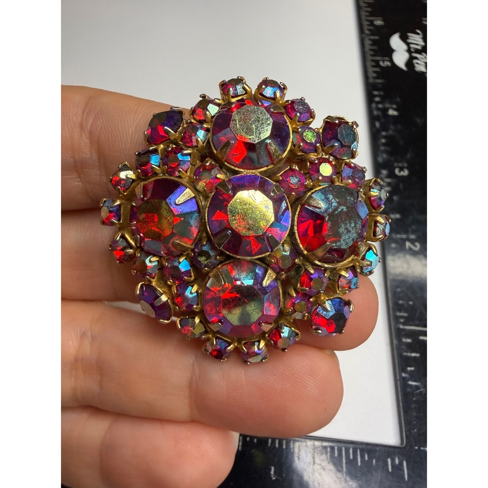 Vintage Red Aurora Borealis Rhinestone Brooch Gold Tone Domed Round Pin 2 Inch